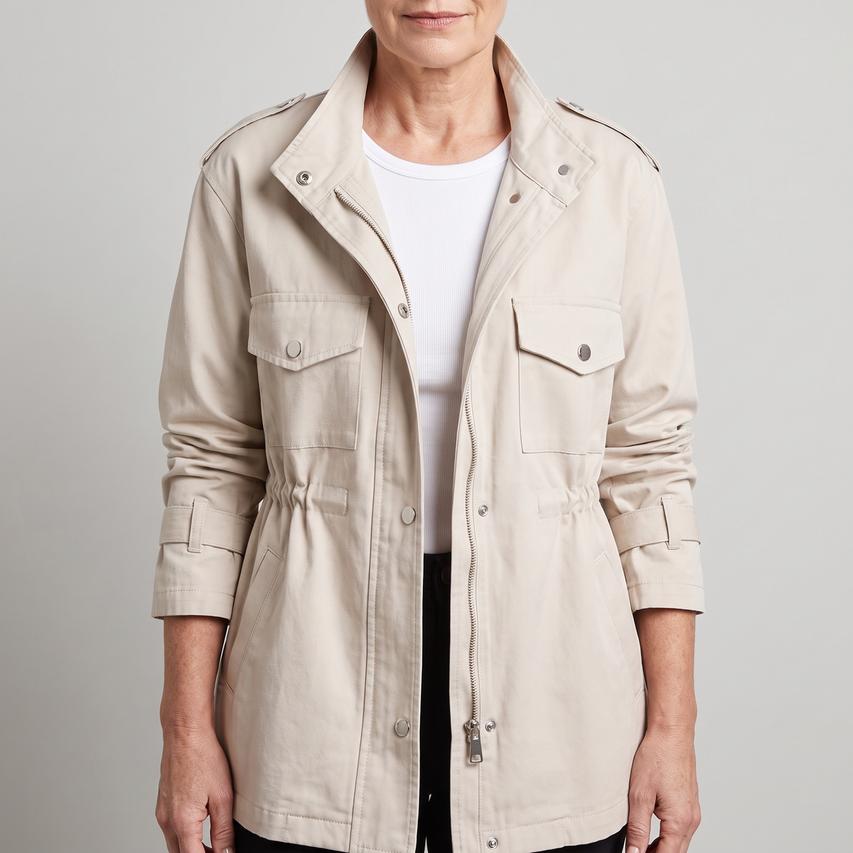 Women’s Military-Inspired Safari Jacket with Drawstring Waist