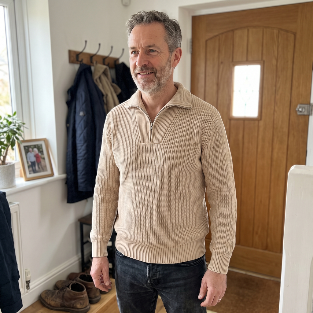 Men's Ribbed Knit Half-Zip Sweater with Collar