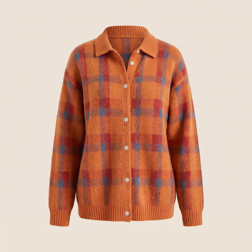 Women’s Brushed Check Knit Shirt Cardigan with Ribbed Collar