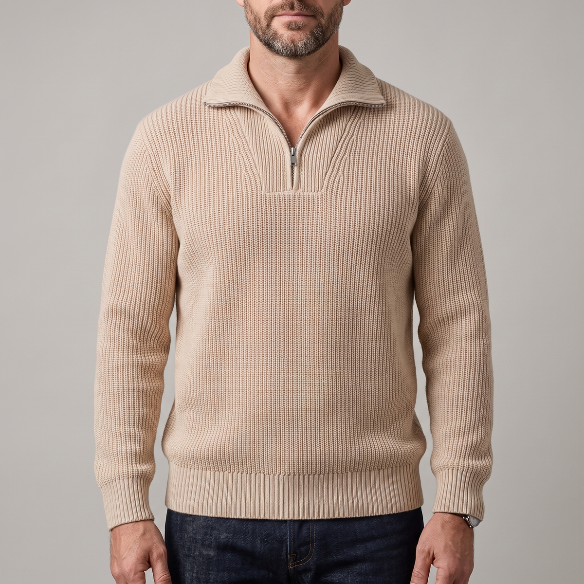 Men's Ribbed Knit Half-Zip Sweater with Collar