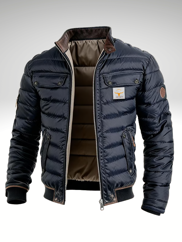Men's Quilted Puffer Bomber Jacket with Ribbed Trim