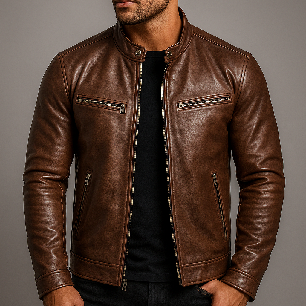 Men’s Classic Faux Leather Moto Jacket with Snap Collar