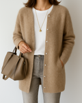 Women’s Longline Fuzzy Knit Crew Neck Button Cardigan