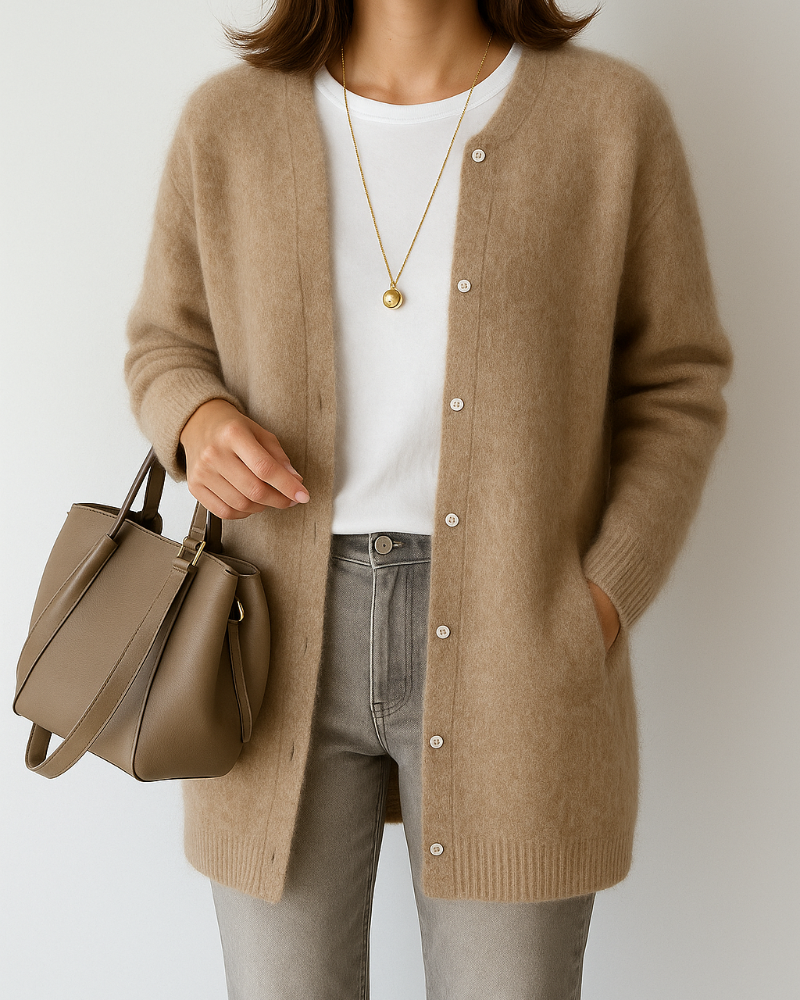 Women’s Longline Fuzzy Knit Crew Neck Button Cardigan