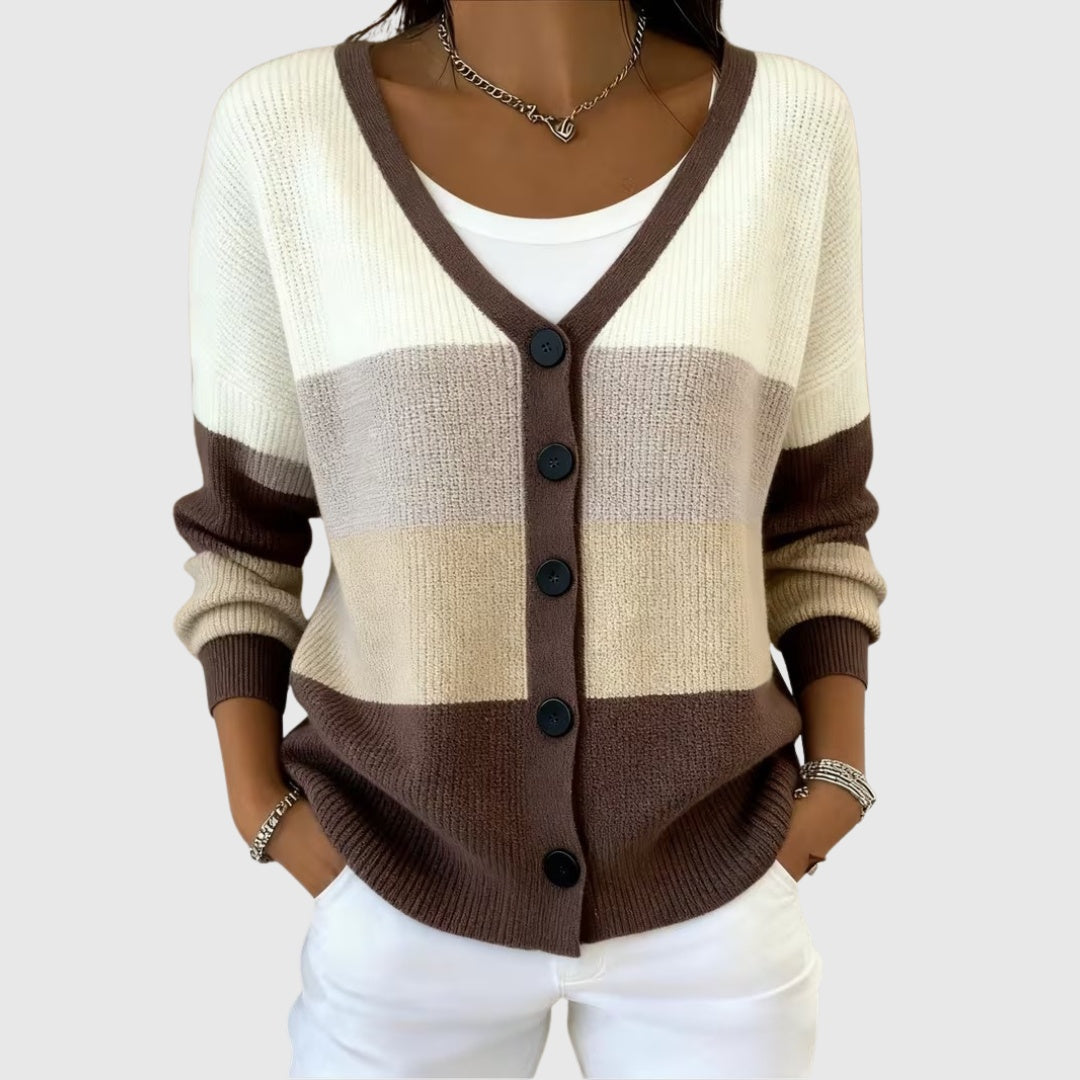 Women's Colour Block V-Neck Button-Front Knit Cardigan