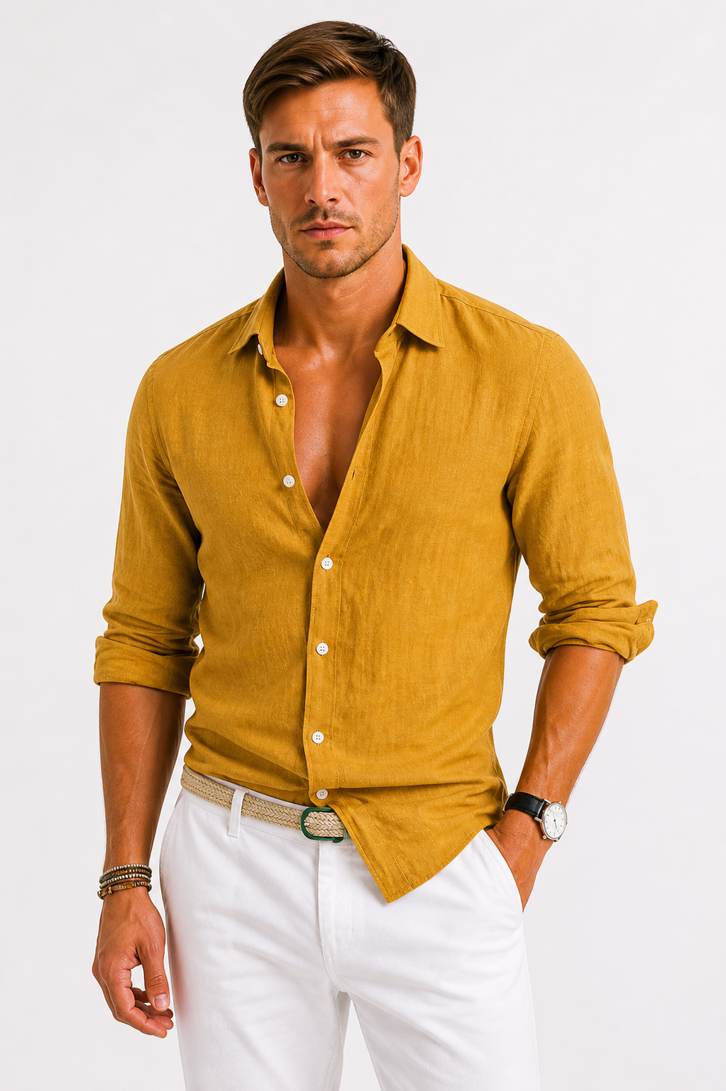 Men's Long Sleeve Button-Up Linen-Look Shirt