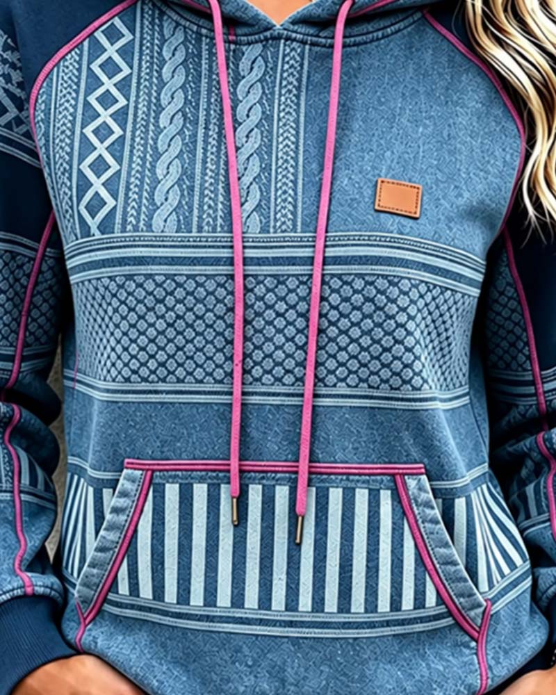 Women's Printed Drawstring Hoodie with Kangaroo Pocket