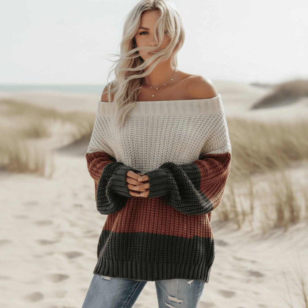 Women’s Colour Block Off-Shoulder Chunky Knit Sweater