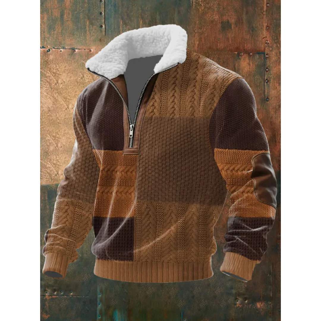 Men's Colour Block Half-Zip Sweater with Contrast Elbow Patches