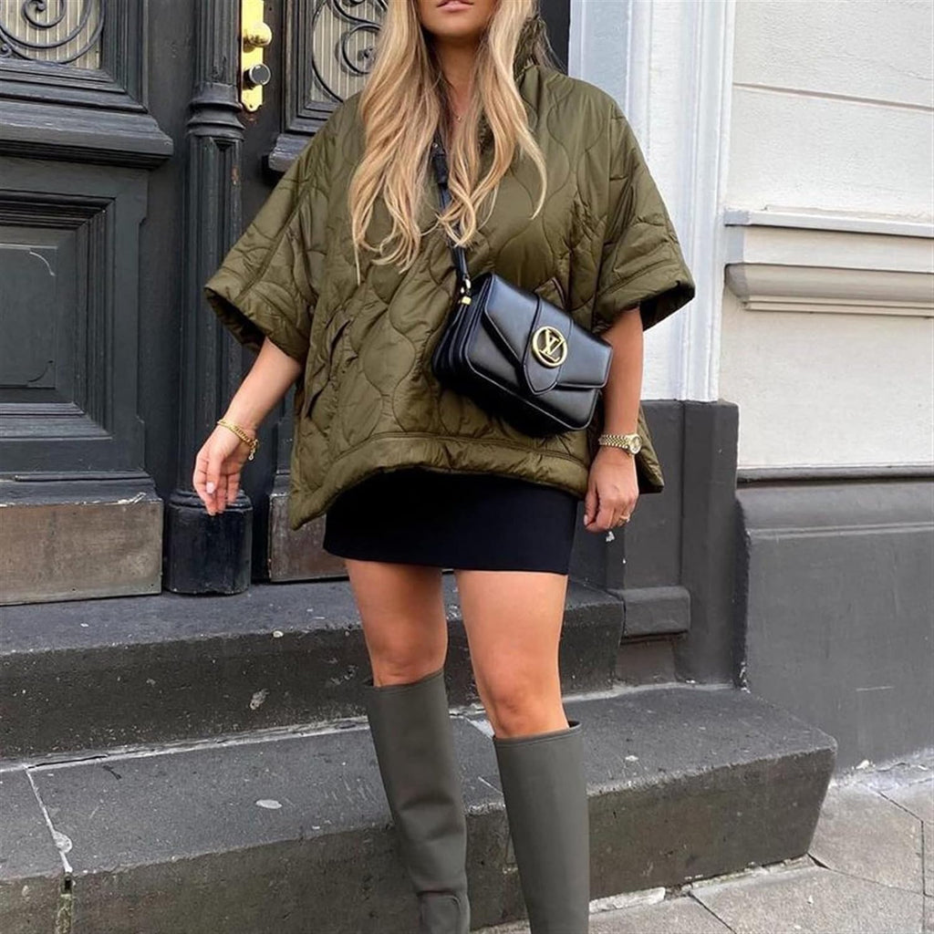 Women's Quilted Poncho Jacket with Stand Collar