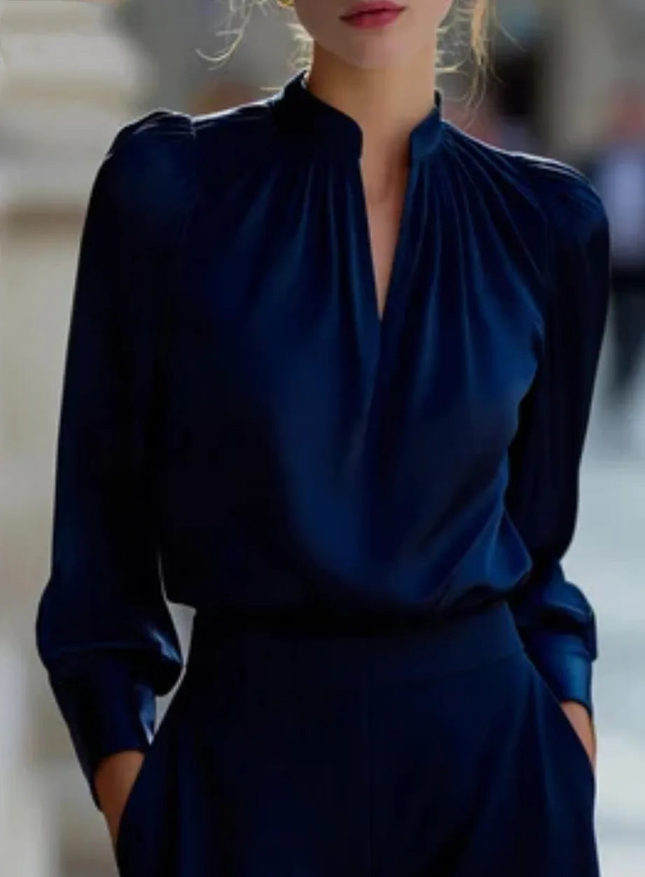 Women's Satin V-Neck Blouse with Stand Collar
