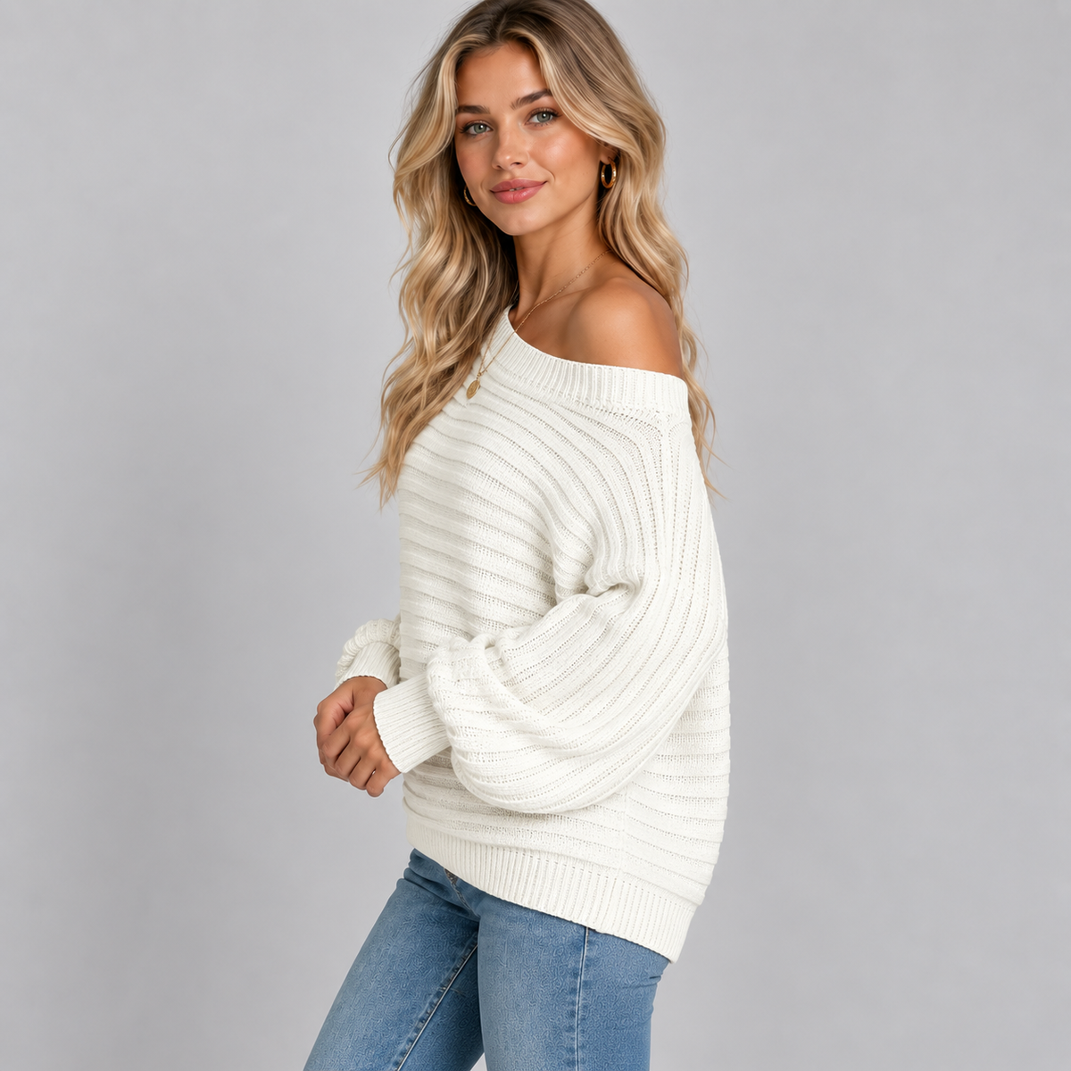 Women's Off-Shoulder Ribbed Knit Sweater with Batwing Sleeves