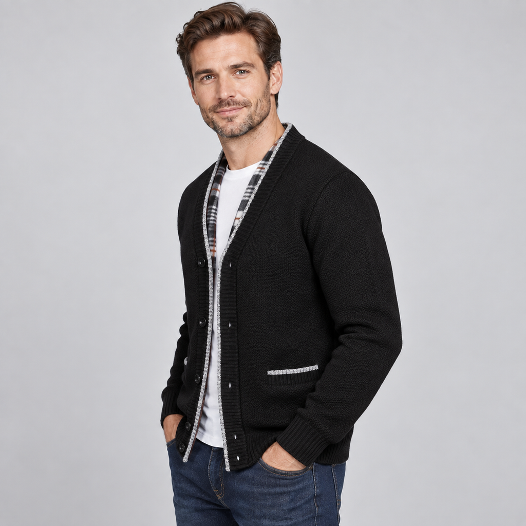 Men's Shawl Collar Knit Cardigan with Plaid Fleece Lining