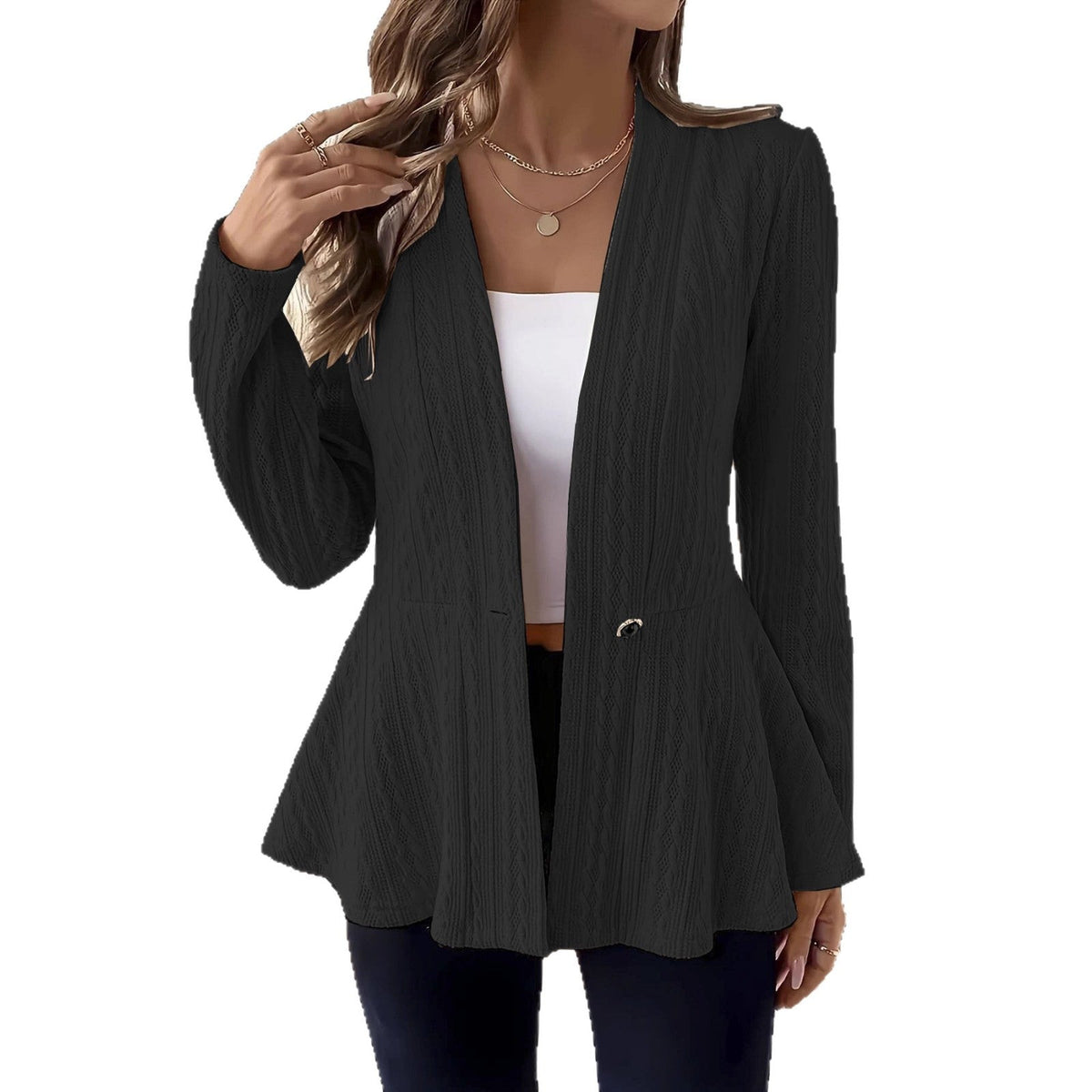 Women’s Textured Knit Peplum Blazer with V-Neck