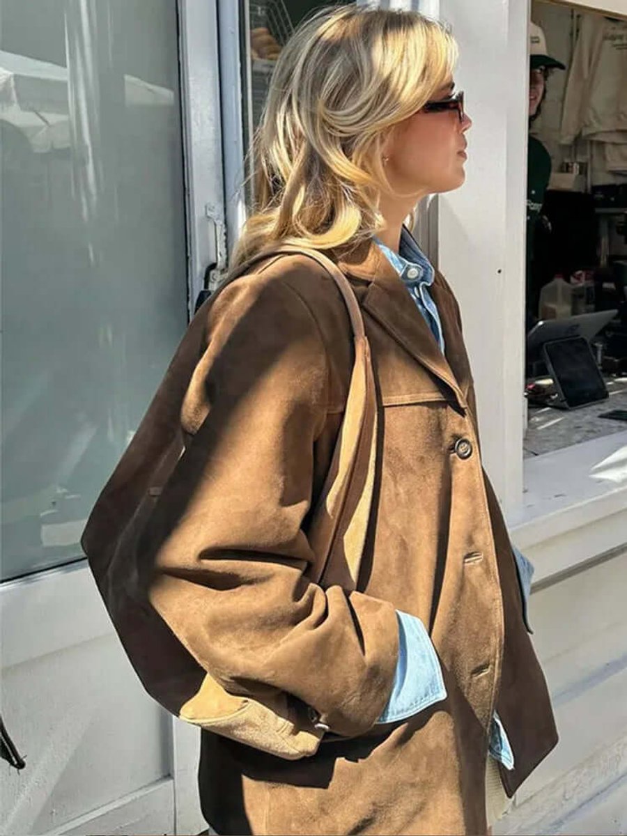 Women's Oversized Suede-Look Blazer Jacket with Notch Lapel
