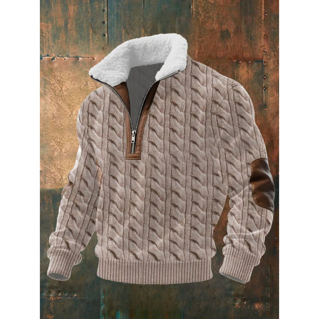 Men's Colour Block Half-Zip Sweater with Contrast Elbow Patches