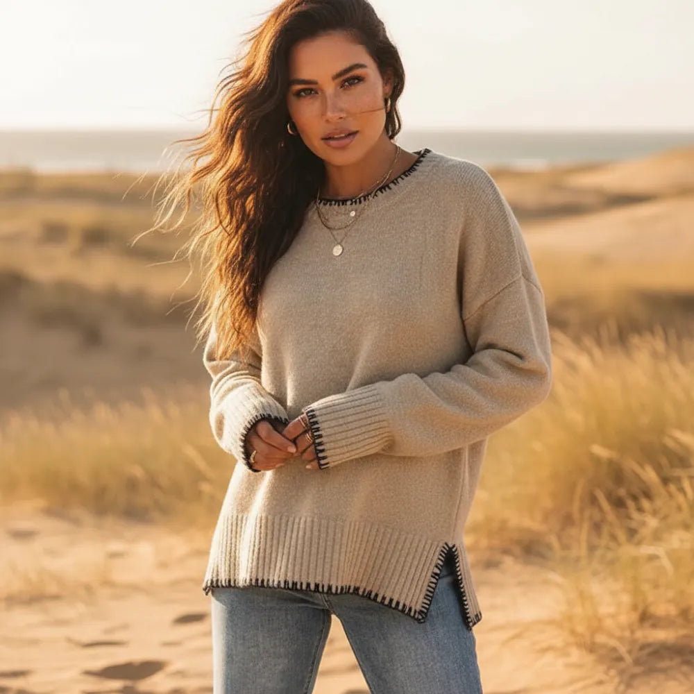 Women’s Blanket Stitch Trim Knit Sweater with Side Slits