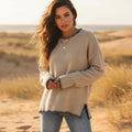 Women’s Blanket Stitch Trim Knit Sweater with Side Slits