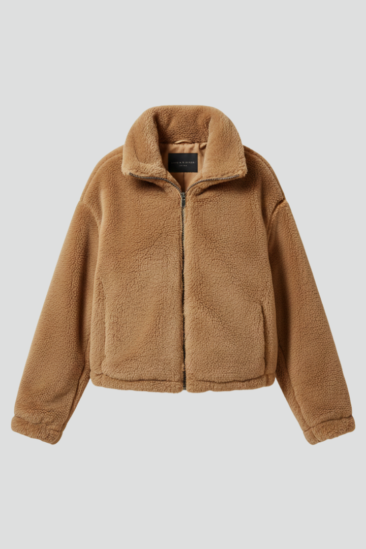 Women's Cropped Teddy Fleece Jacket with Stand Collar