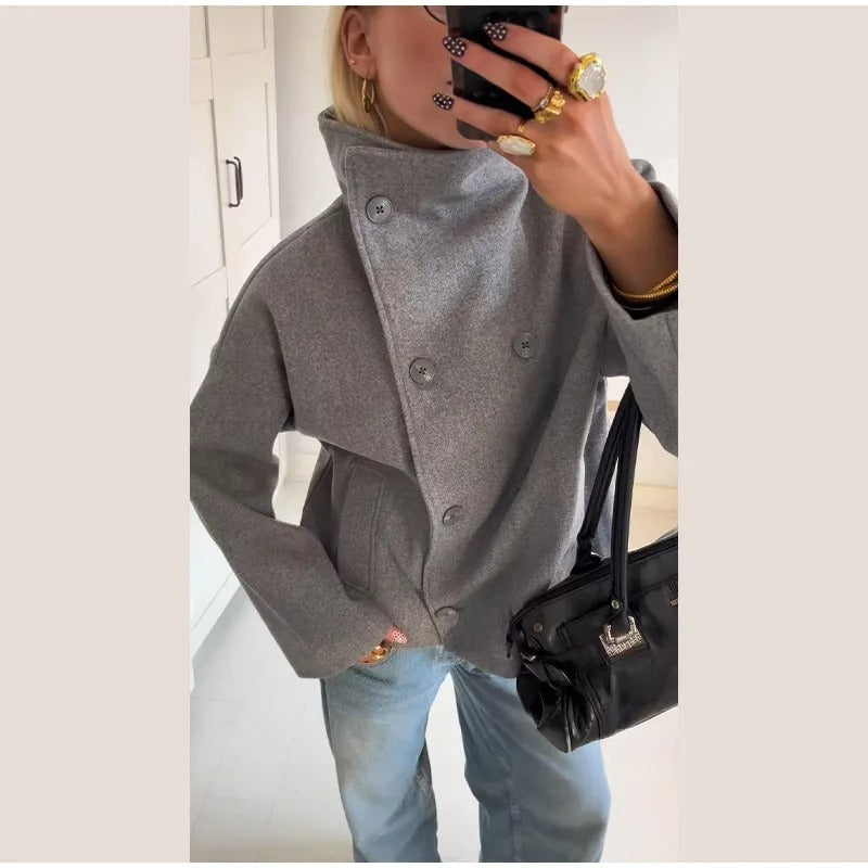 Women's Oversized Funnel Neck Double-Breasted Short Coat
