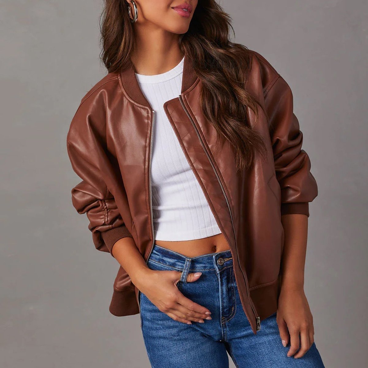 Women's Oversized Zip-Up Bomber Jacket with Ribbed Trim