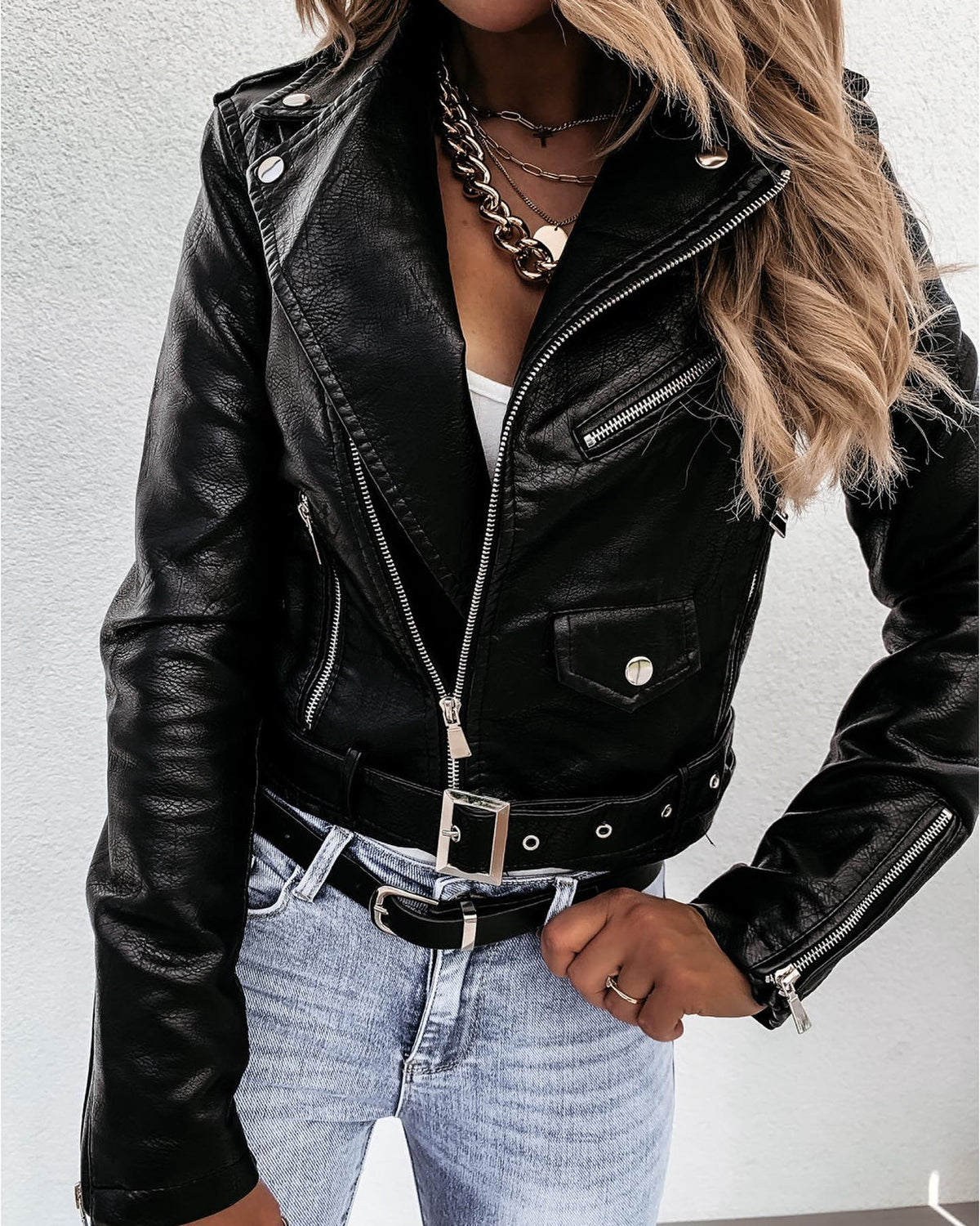 Women’s Cropped Faux Leather Biker Jacket