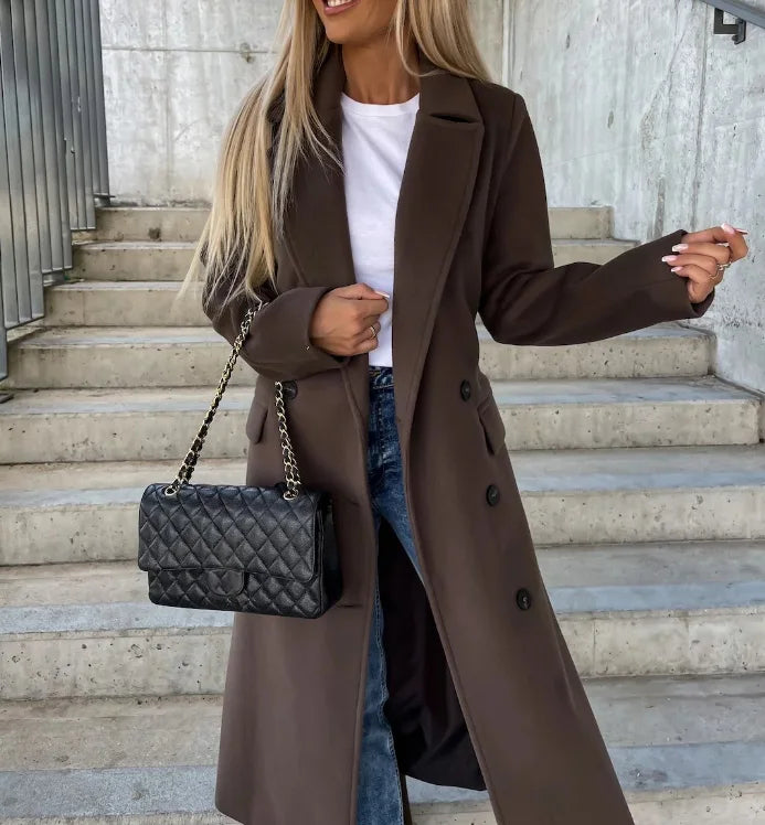 Women's Double-Breasted Belted Midi Coat with Notched Lapels