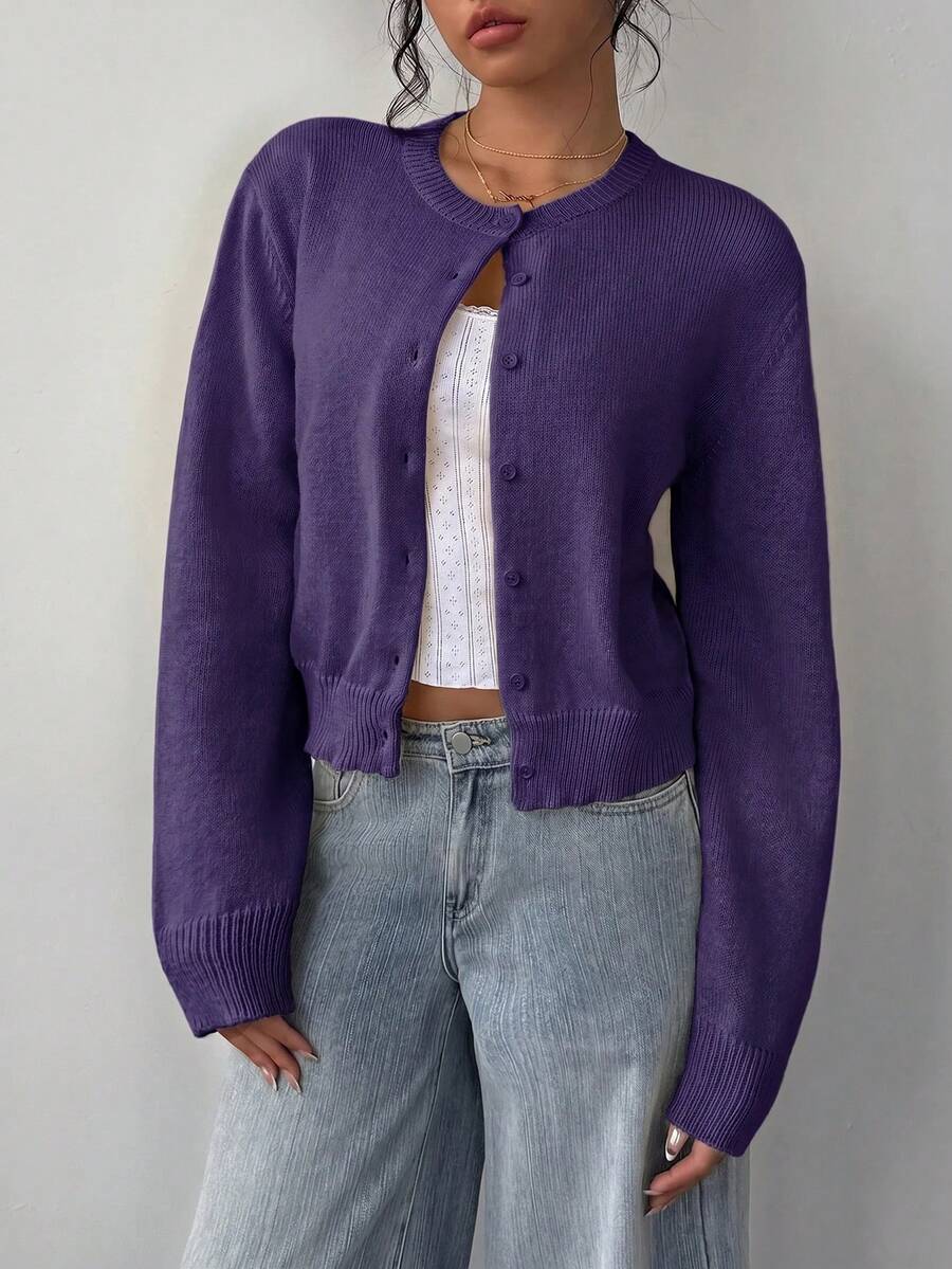 Women's Cropped Round Neck Button-Up Knit Cardigan