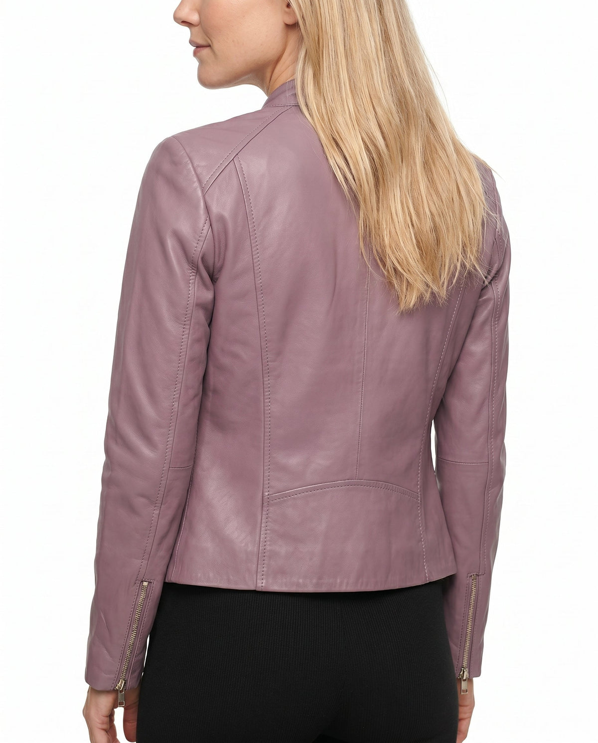 Women's Faux Leather Racer Jacket with Band Collar