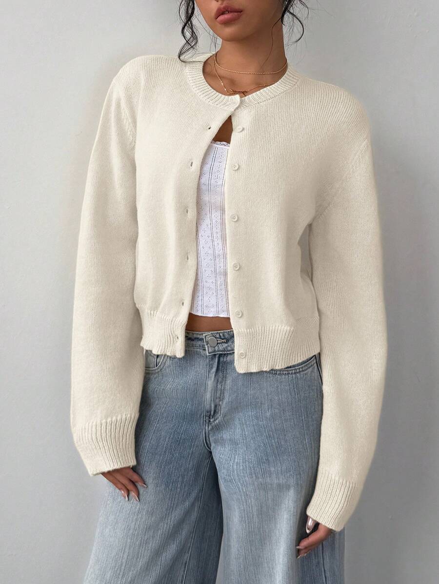 Women's Cropped Round Neck Button-Up Knit Cardigan
