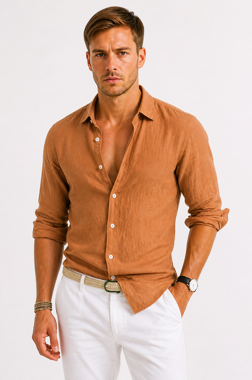 Men's Long Sleeve Button-Up Linen-Look Shirt