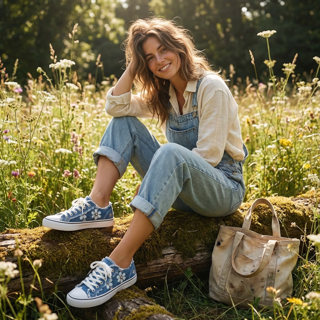 Women's Floral Denim Low-Top Canvas Sneakers
