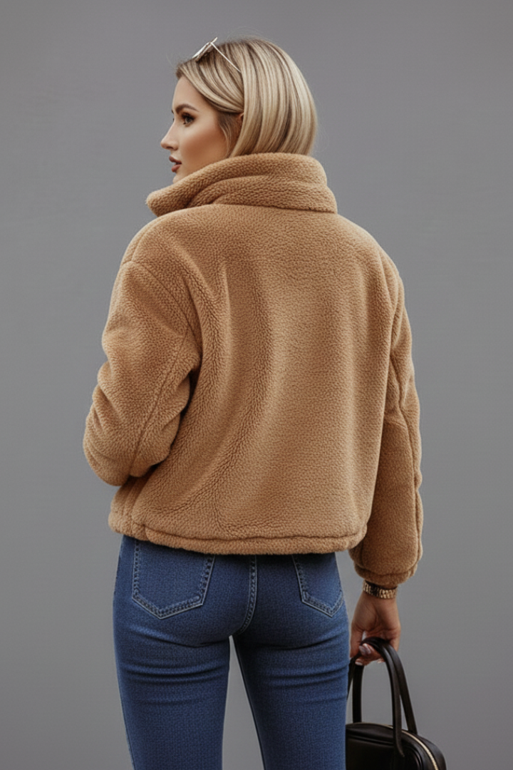 Women's Cropped Teddy Fleece Jacket with Stand Collar