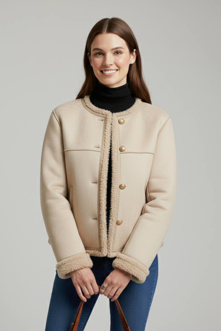 Women's Collarless Faux Suede Jacket with Faux Shearling Trim