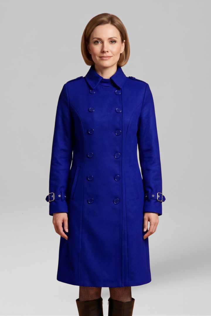 Women's Double-Breasted Military Coat with Buckle Cuffs