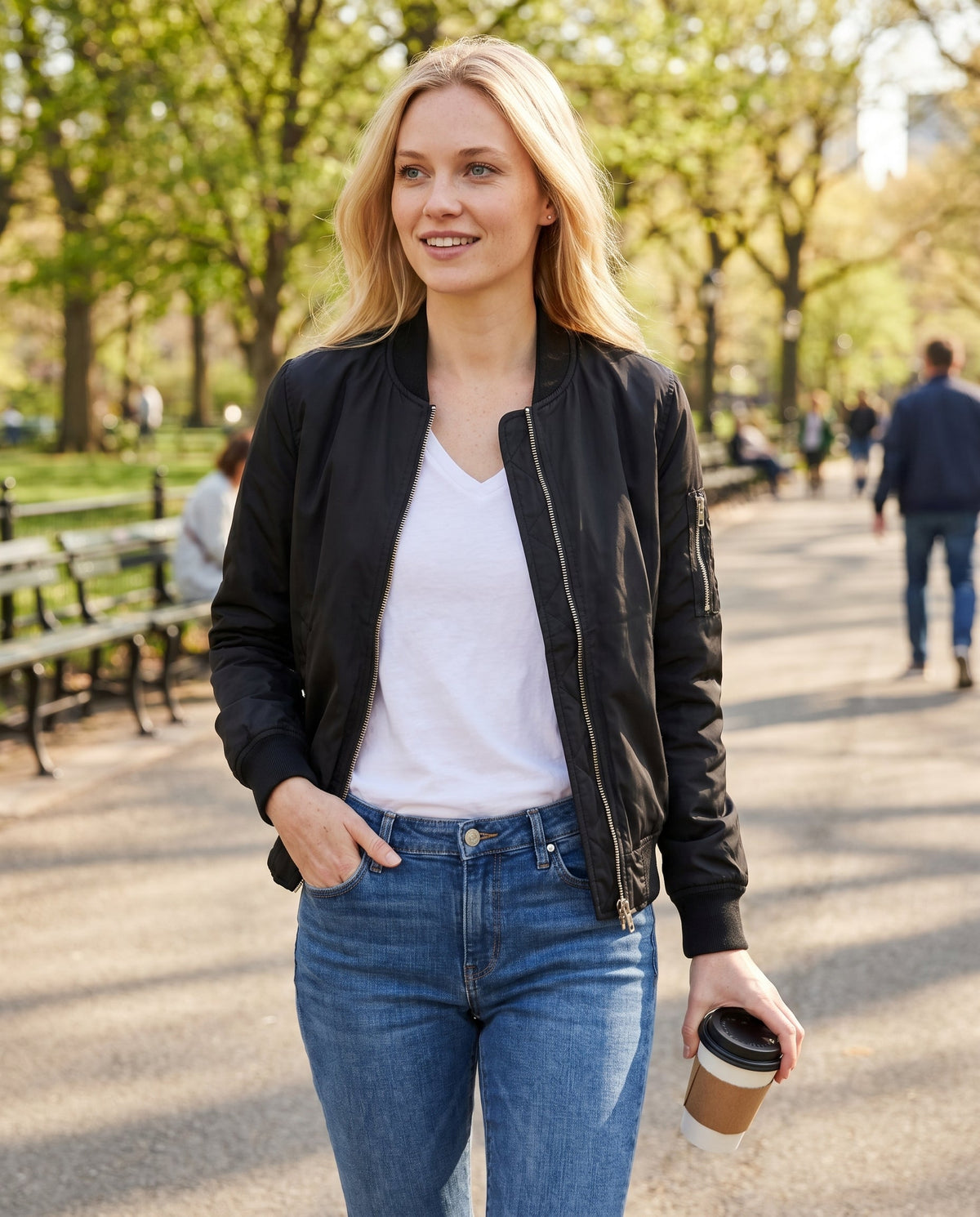 Women's Classic Bomber Jacket with Sleeve Zip Pocket