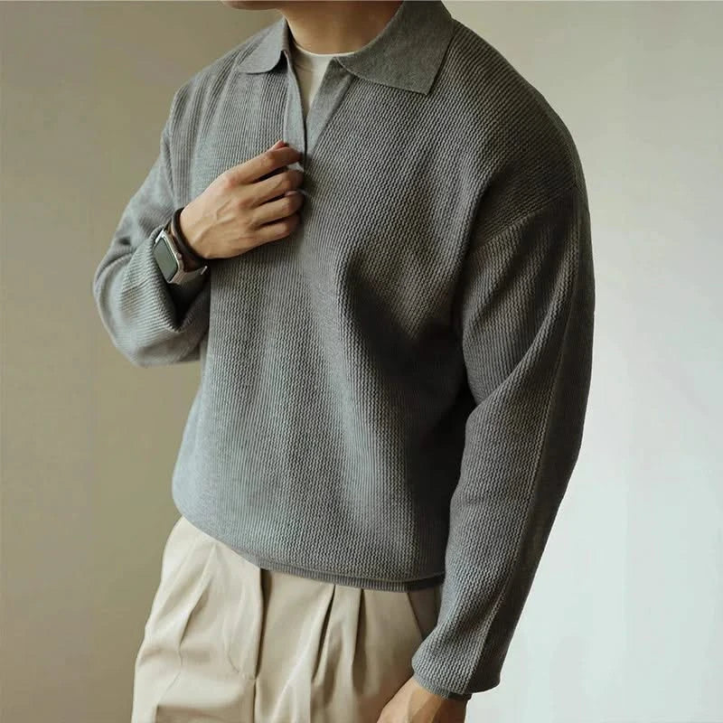 Men's Textured Knit Long Sleeve Polo Sweater