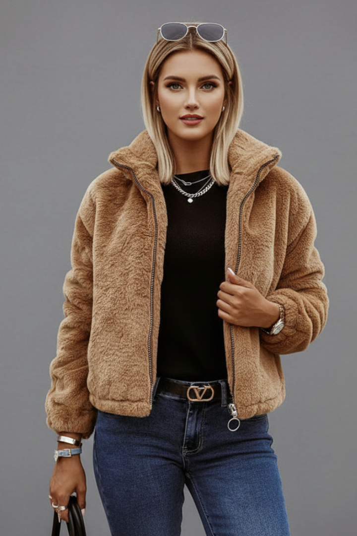 Women's Cropped Teddy Fleece Jacket with Stand Collar