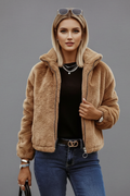 Women's Cropped Teddy Fleece Jacket with Stand Collar