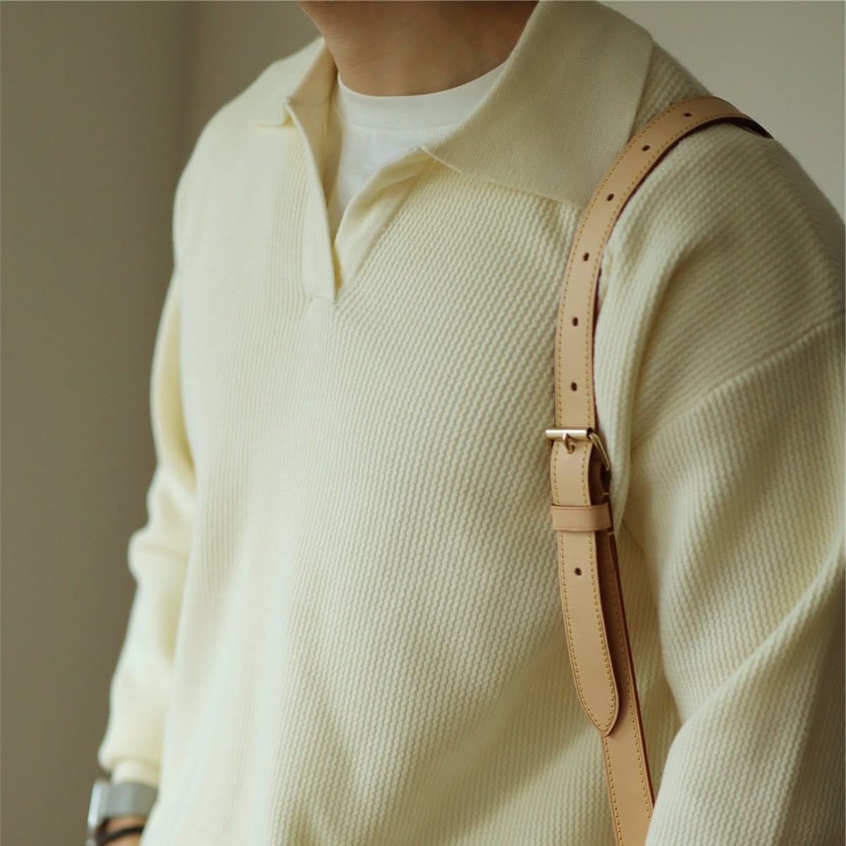 Men's Textured Knit Long Sleeve Polo Sweater
