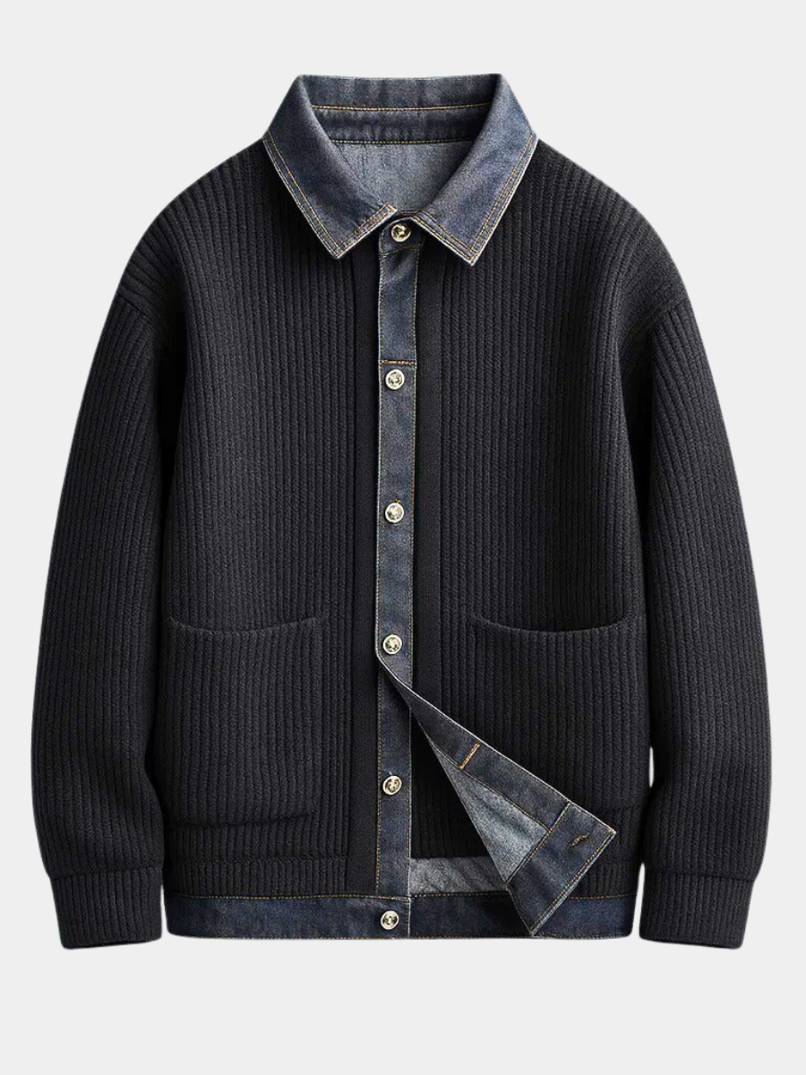 Men's Rib Knit Cardigan Jacket with Denim Trim