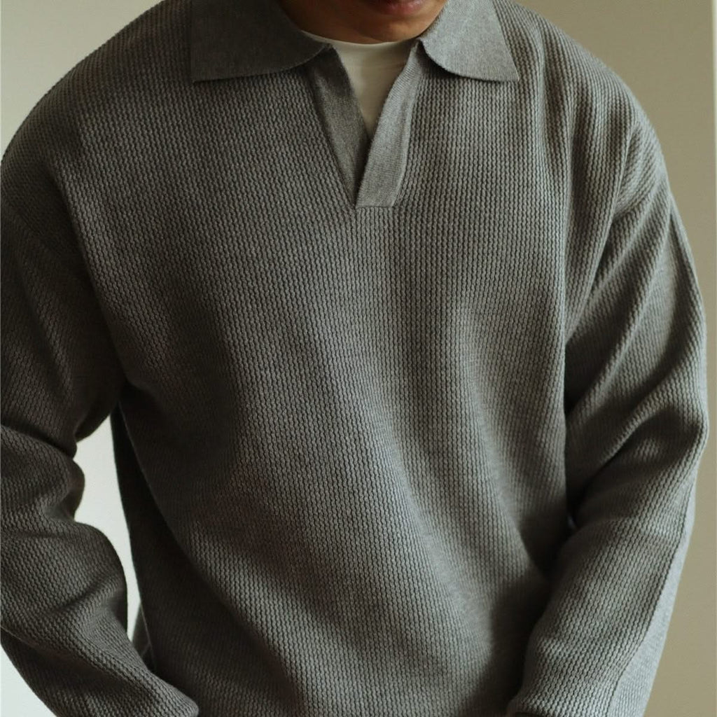 Men's Textured Knit Long Sleeve Polo Sweater