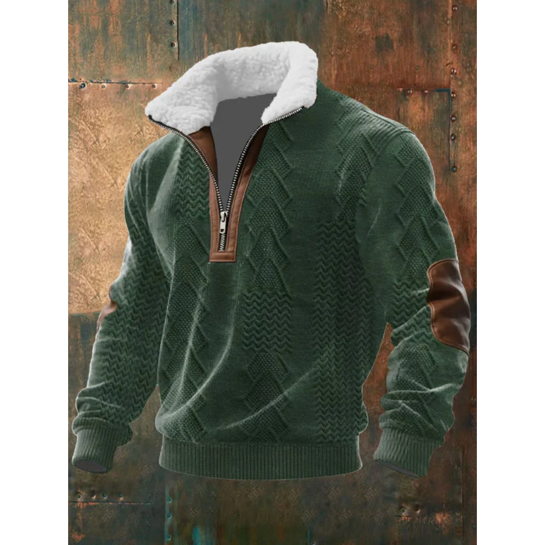 Men's Colour Block Half-Zip Sweater with Contrast Elbow Patches