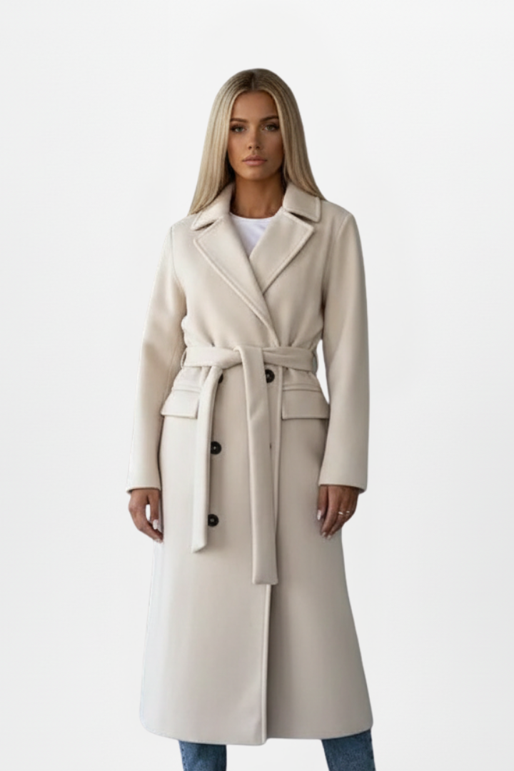Women's Belted Longline Trench Coat with Storm Flap