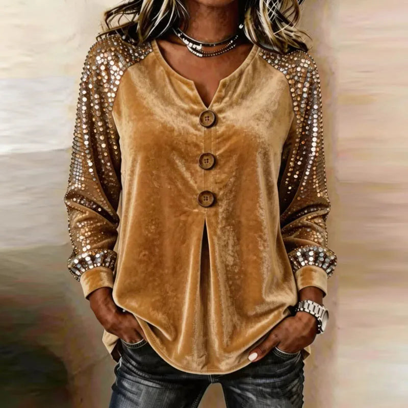 Women's Velvet Button-Front Top with Sequin Sleeves
