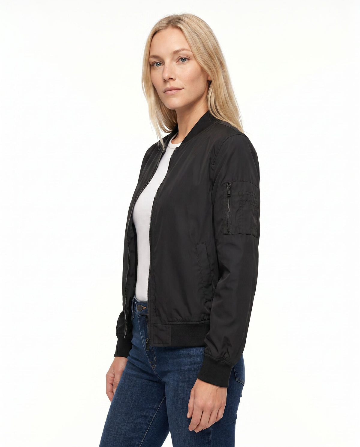 Women's Classic Bomber Jacket with Sleeve Zip Pocket