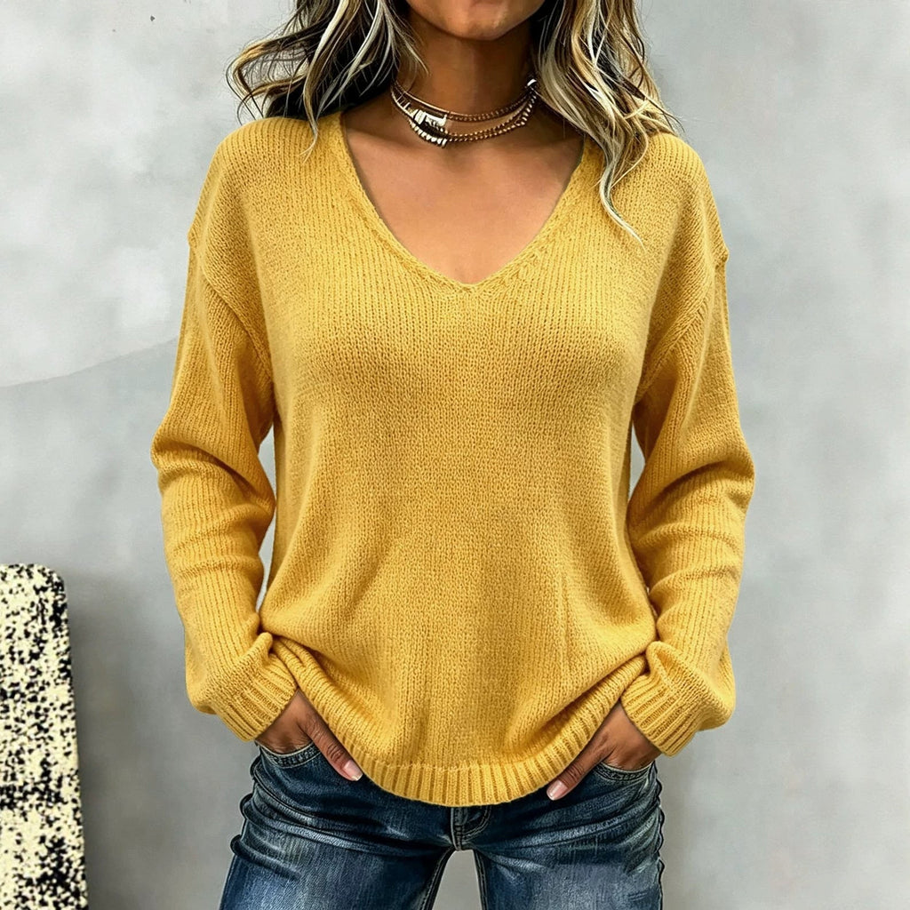 Women's Relaxed V-Neck Knit Sweater with Ribbed Trims