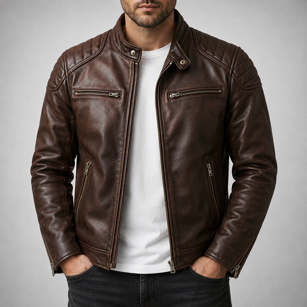 Men's Faux Leather Biker Jacket with Quilted Shoulders