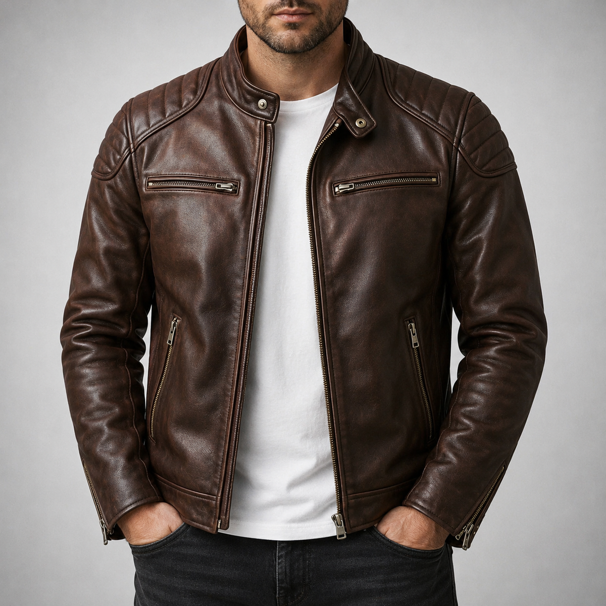 Men's Faux Leather Biker Jacket with Quilted Shoulders