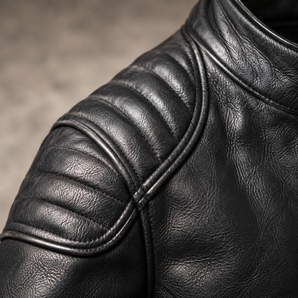 Men's Faux Leather Biker Jacket with Quilted Shoulders